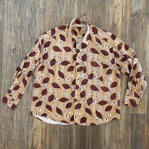 Letters L/S Button-Up Shirt Womens XL Fall Autumn Falling Leaves Tan Stripes